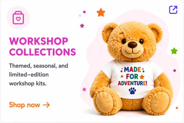 Workshop Collections card featuring a teddy bear wearing a Made for Adventure shirt