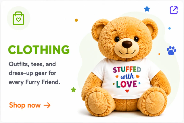 Clothing collection card featuring a teddy bear wearing a colorful Noah's Ark Animal Workshop tee