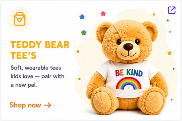 Teddy Bear Tees collection card featuring a teddy bear wearing a Be Kind shirt