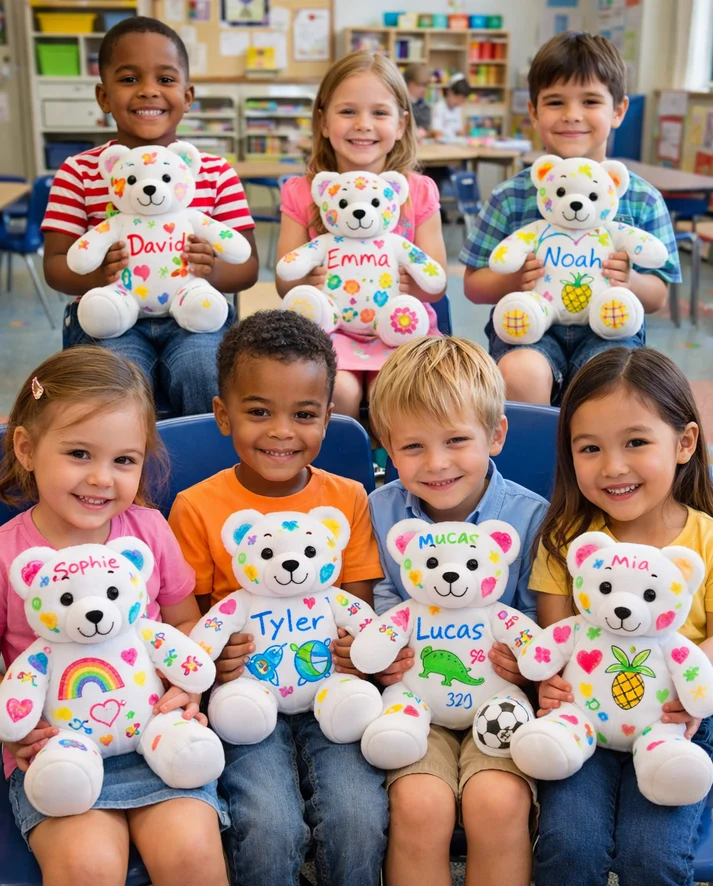 A classroom of children proudly holding up the Doodle Doggy pals they colored and signed with their friends' names