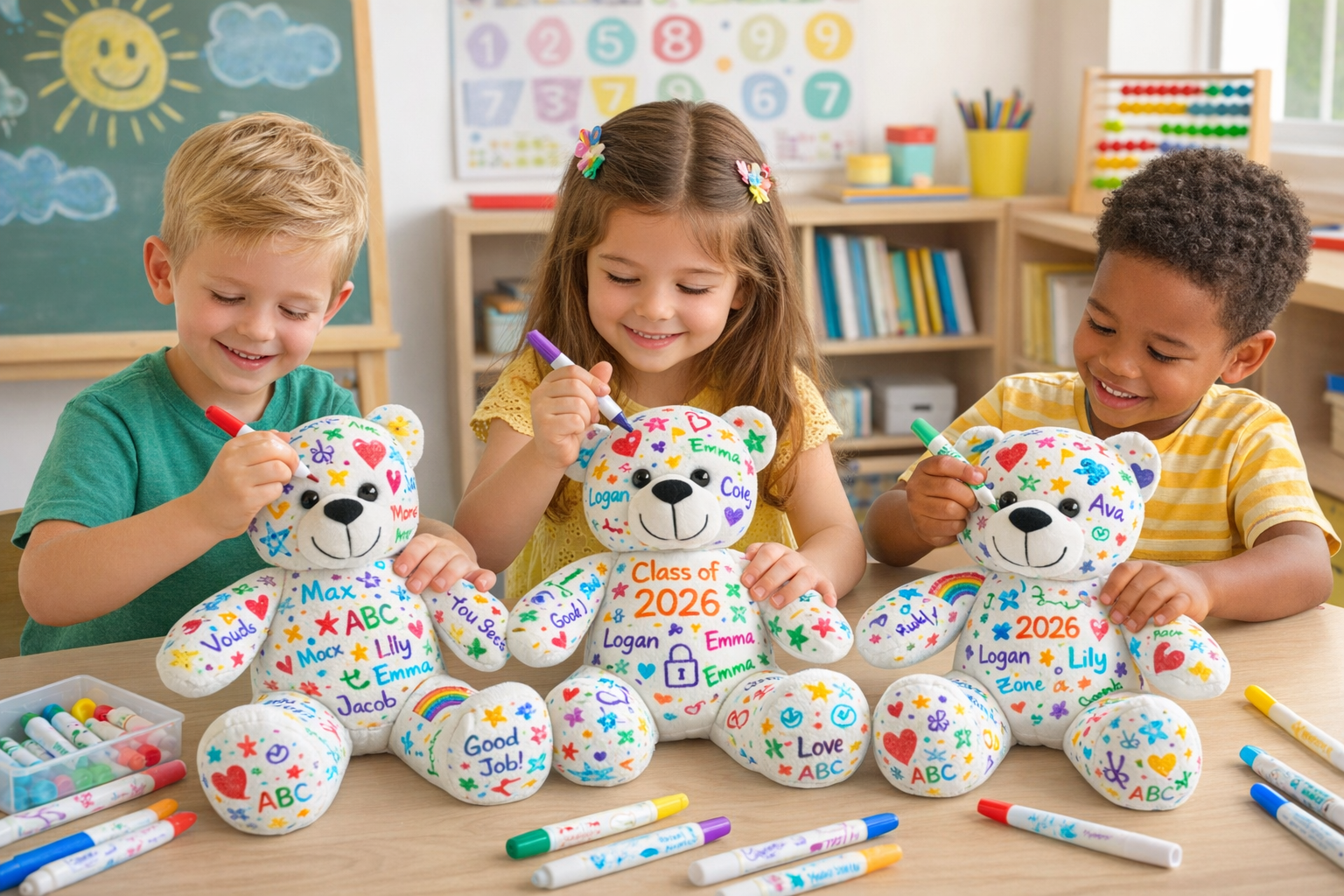 Children decorate and sign their Doodle Bear Forever Friends together at a classroom table, a hands-on, no-sew memory-making activity