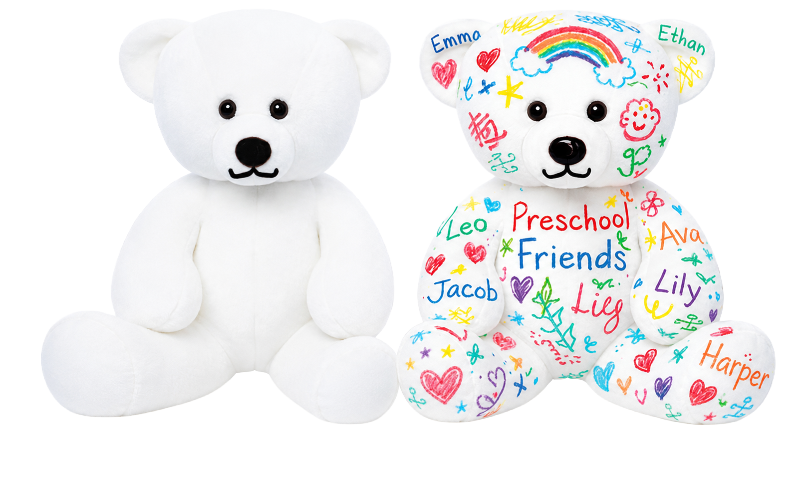 The Doodle Bear, a plain stuffable teddy bear beside a finished bear that kids colored and signed by hand