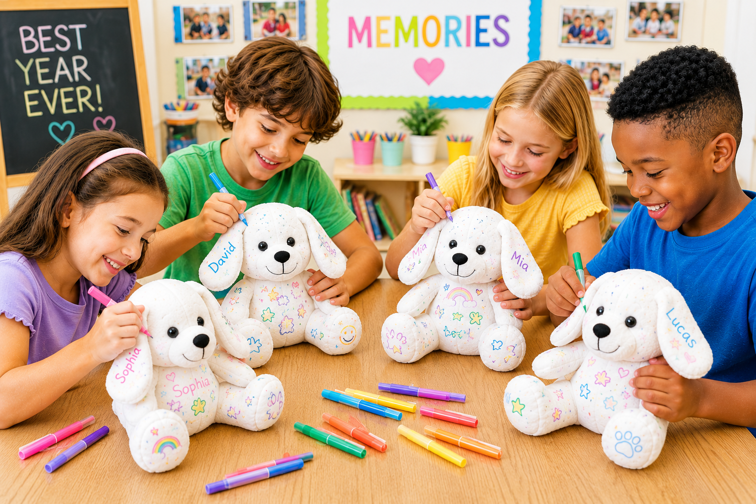 Children decorating Doodle Doggy plush friends with colorful fabric markers around a classroom table