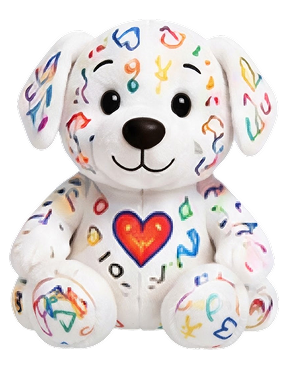 A doodle-covered plush puppy