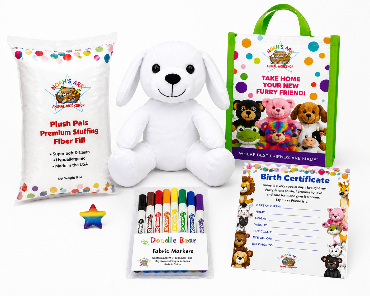 What's inside a Doodle Bear kit: plush buddy, stuffing, rainbow wish star, fabric markers, birth certificate, and take-home bag