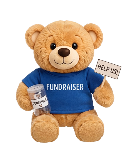 A golden teddy bear wearing a fundraiser shirt and holding a donation jar and sign, from Noah's Ark Animal Workshop.