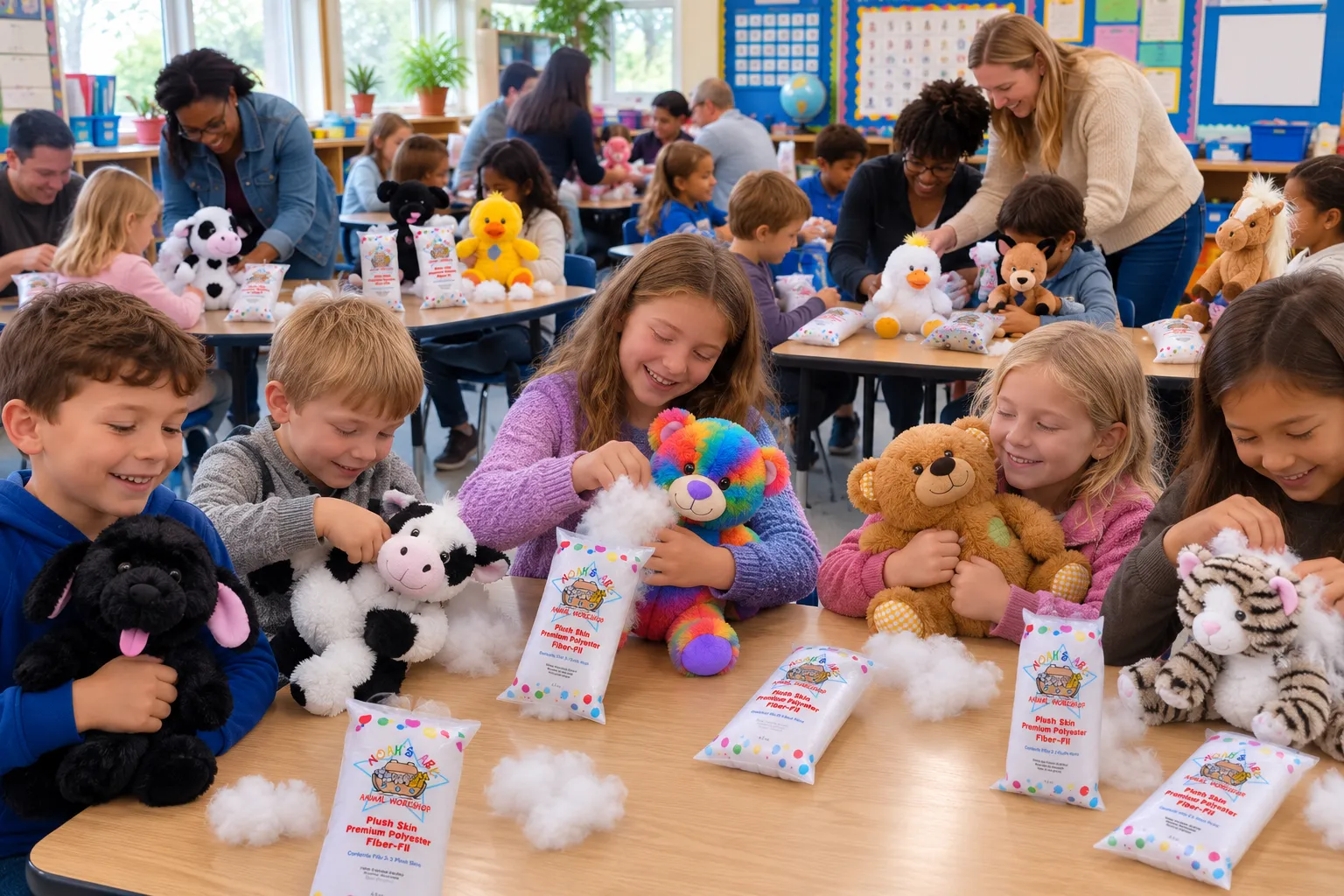 Children at a school fundraiser stuffing their own Noah's Ark Animal Workshop plush animals at classroom tables