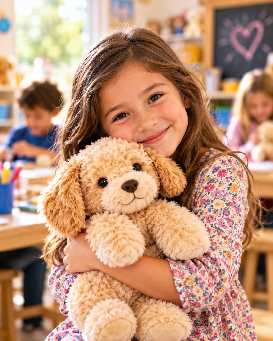 A girl hugging a cream-colored plush dog during a classroom workshop.