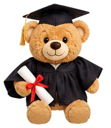 A graduation-themed plush friend
