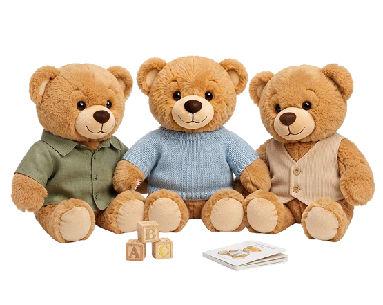 Three teddy bears with alphabet blocks and a book for school and group workshops.