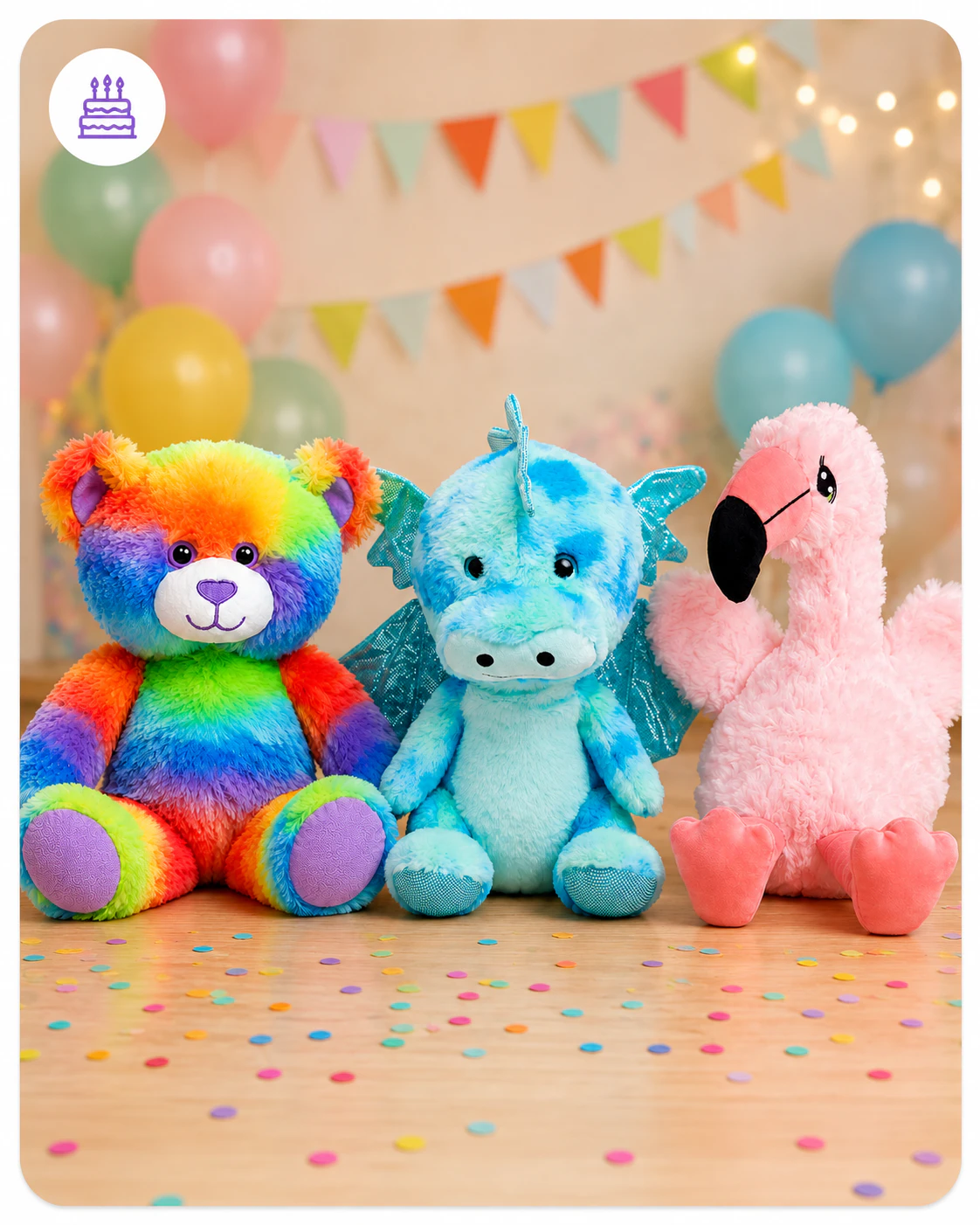 Rainbow teddy bear, blue dragon, and pink flamingo plush at a birthday celebration