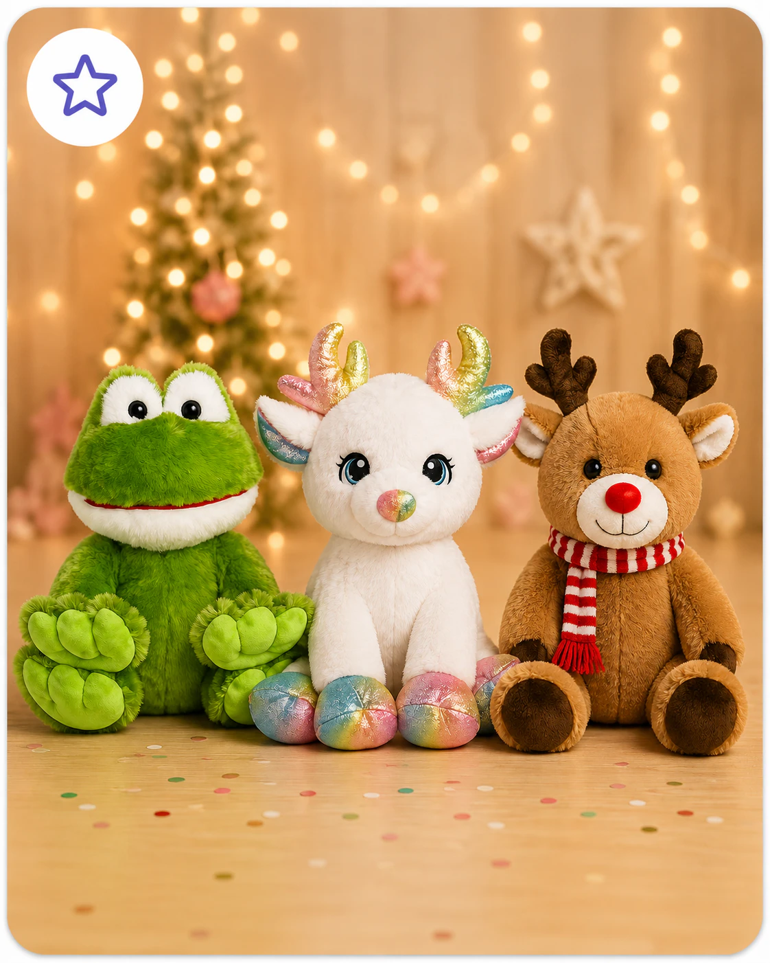 Green frog, white reindeer, and brown reindeer plush friends in a festive holiday setting