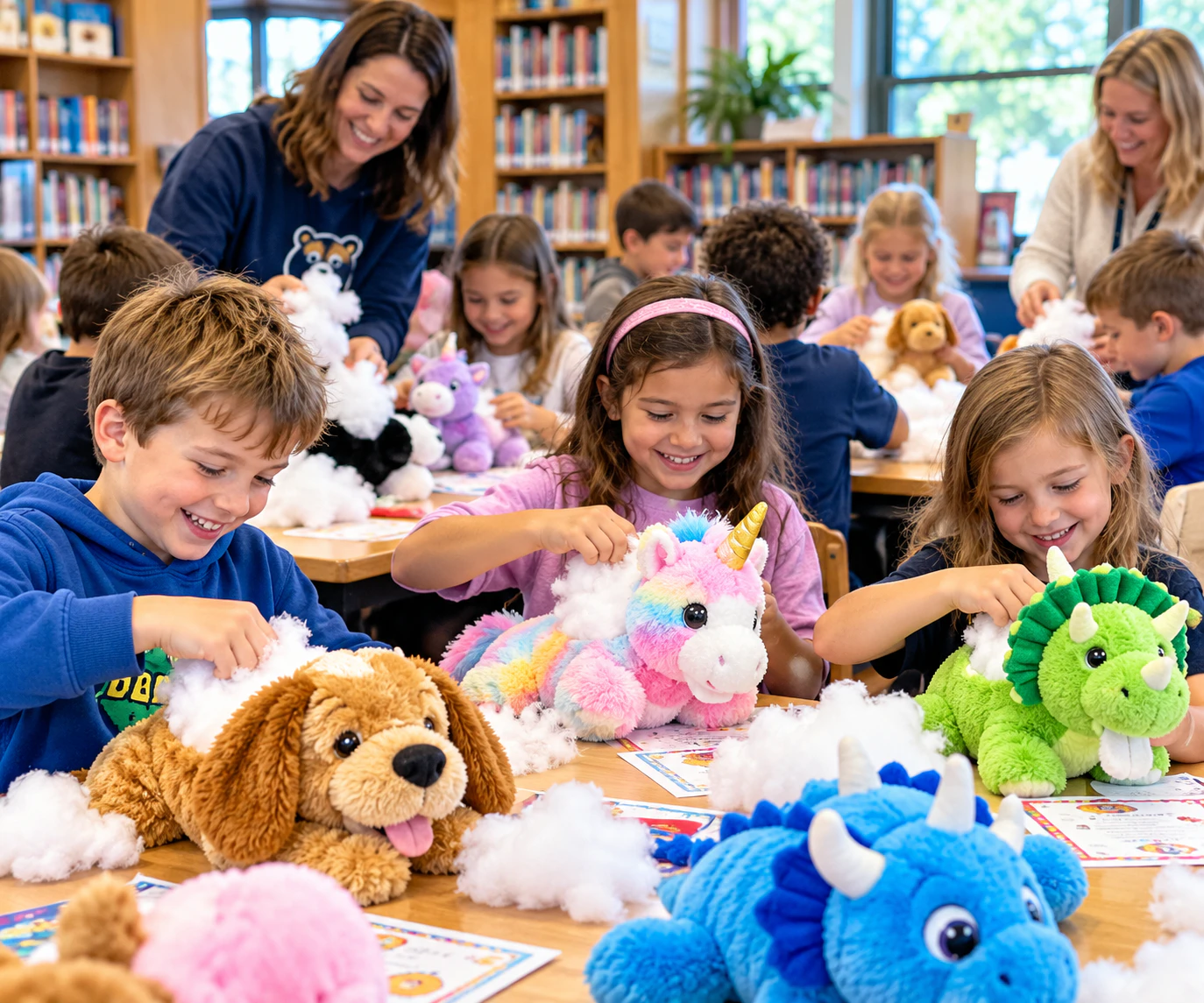 Kids crafting their stuffed animals together at a library Noah's Ark Animal Workshop event