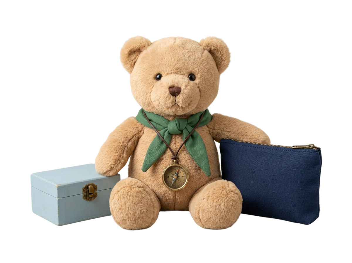 A tan teddy wearing a green explorer scarf and compass medallion beside a travel pouch and box.