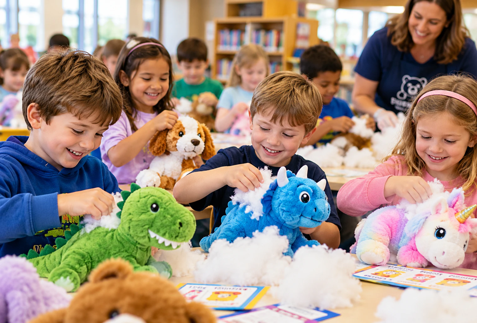 Children stuffing colorful plush animals at a classroom workshop