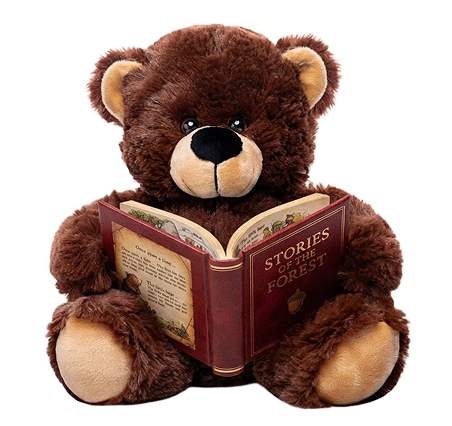 A brown teddy bear holding an illustrated storybook from Noah's Ark Animal Workshop.