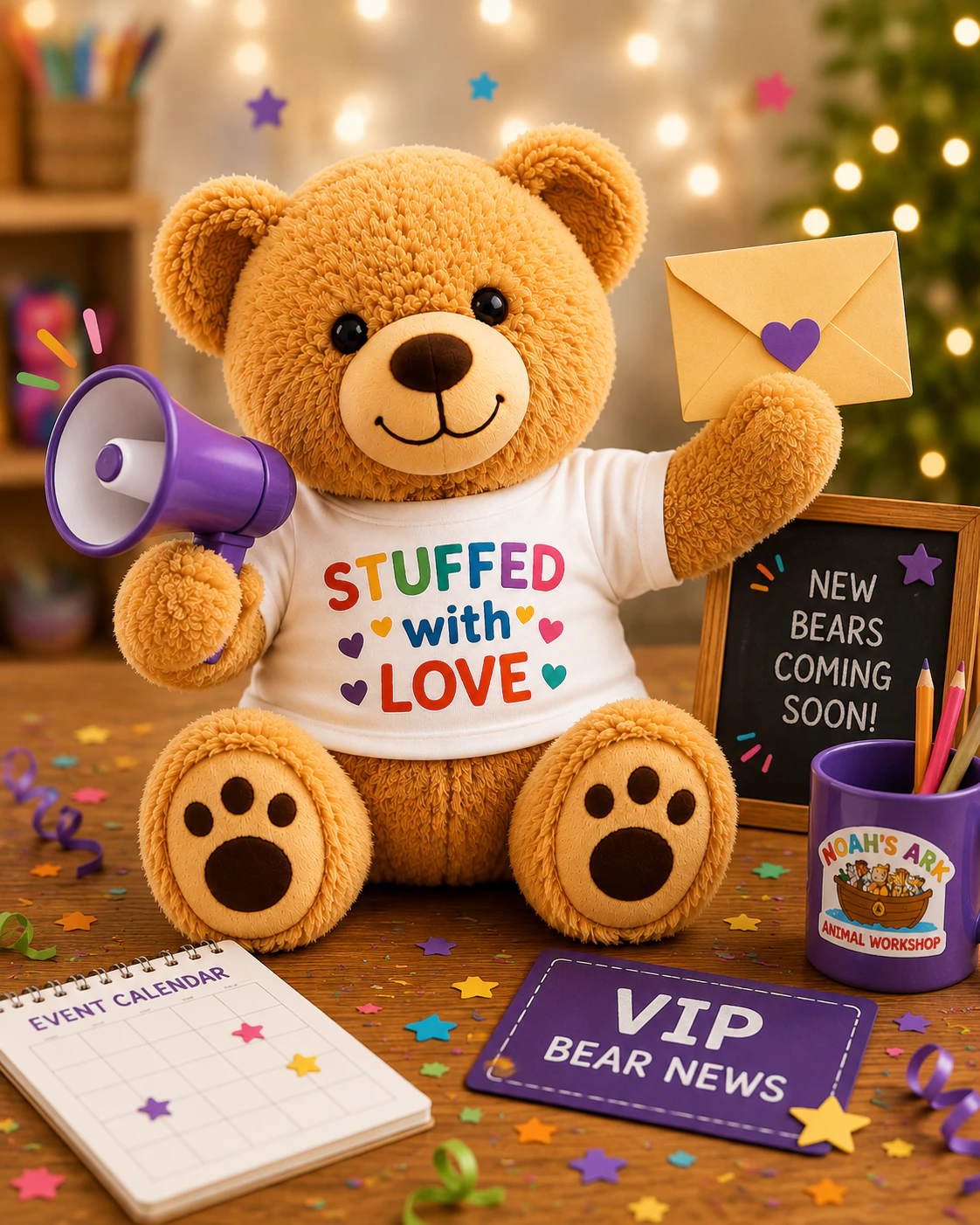 A teddy bear sharing VIP Bear News with an event calendar and new-bear announcement