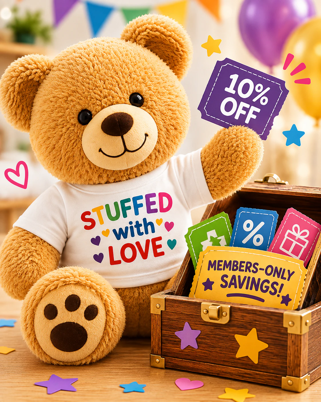A teddy bear beside a treasure chest promoting members-only savings