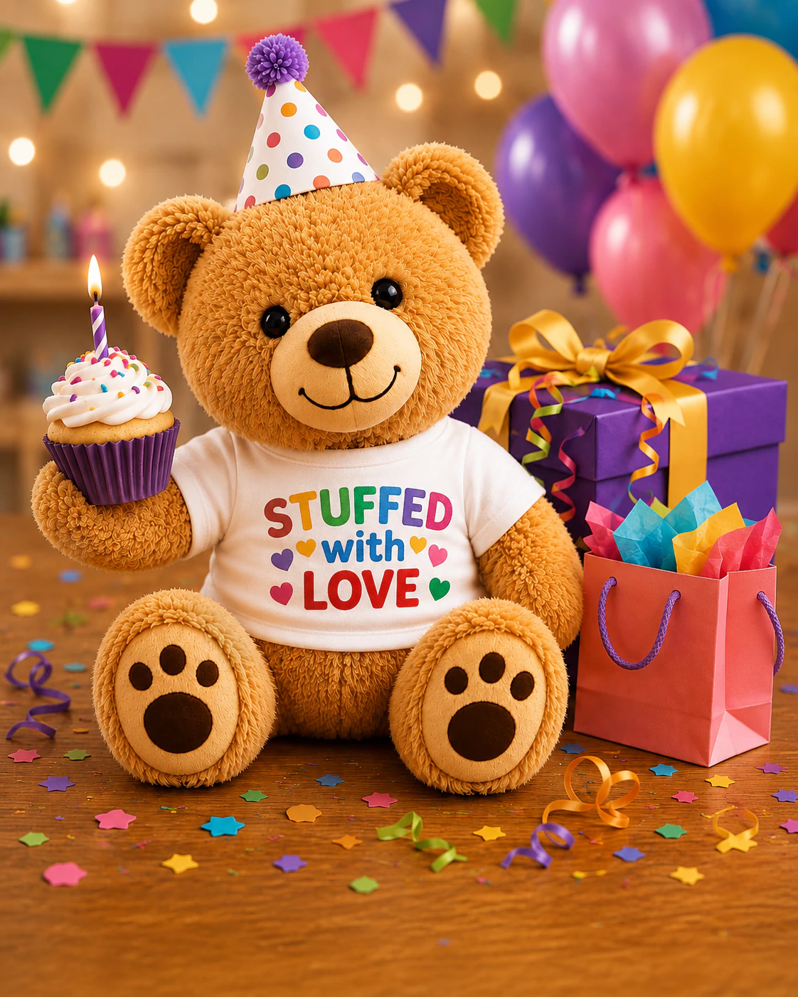 A teddy bear celebrating a birthday with a cupcake and party hat
