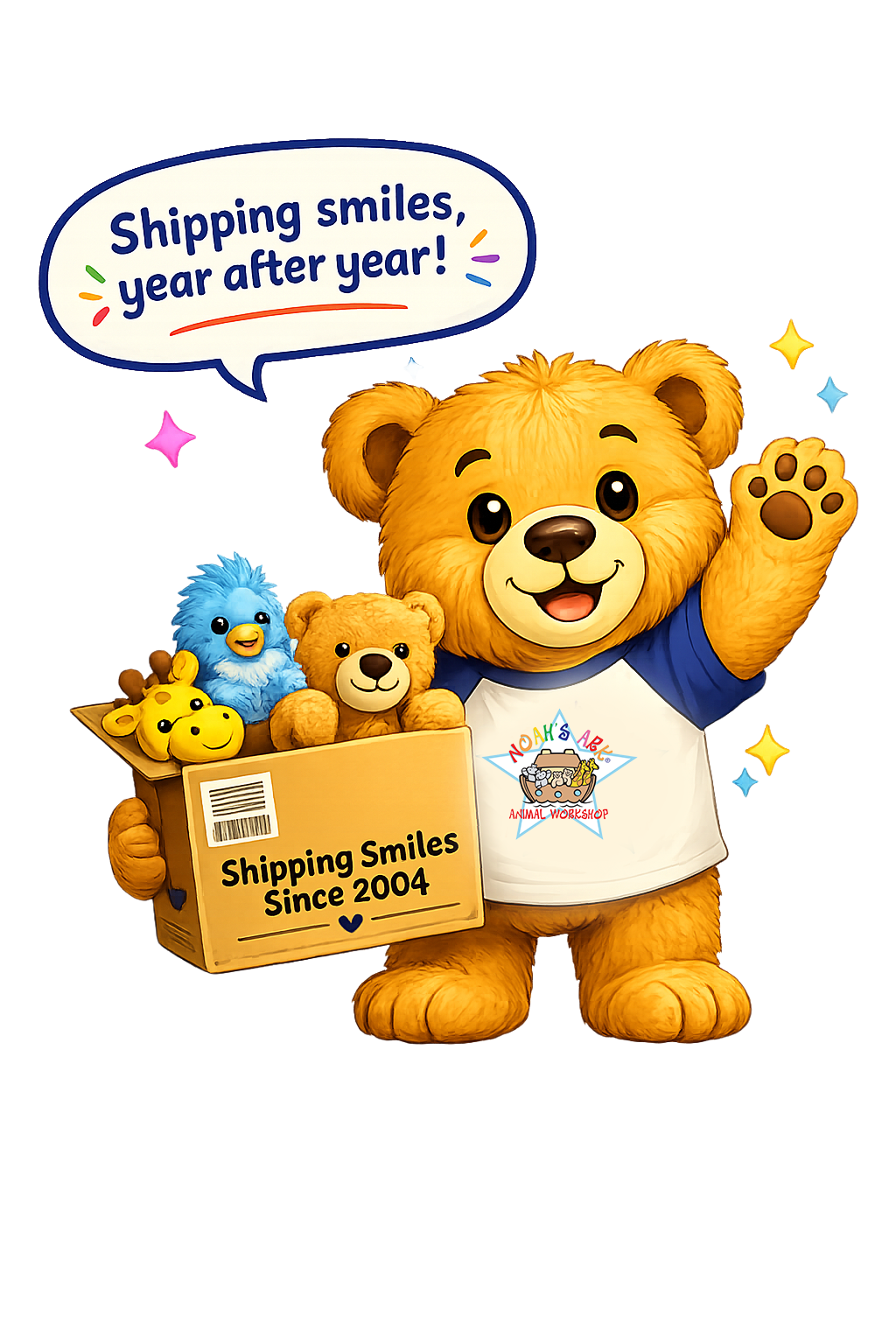 Cheerful teddy bears and plush friends packing a box beneath the words ‘Shipping smiles, year after year!’