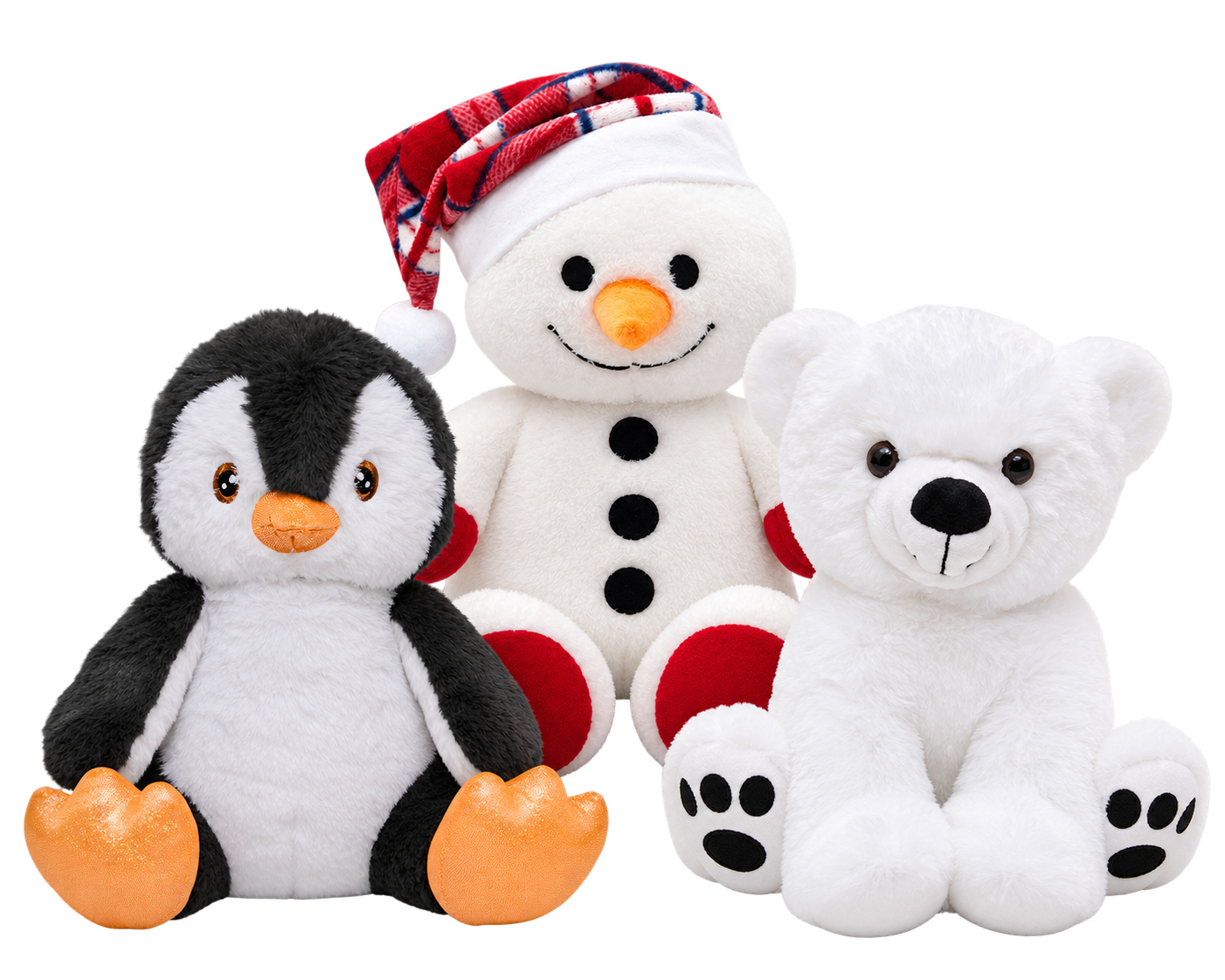 A penguin, snowman, and polar bear plush trio from Noah's Ark Animal Workshop.