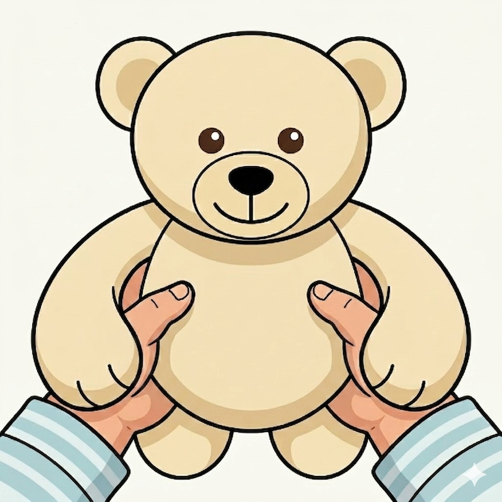 Child's hands filling a stuffed animal with soft stuffing
