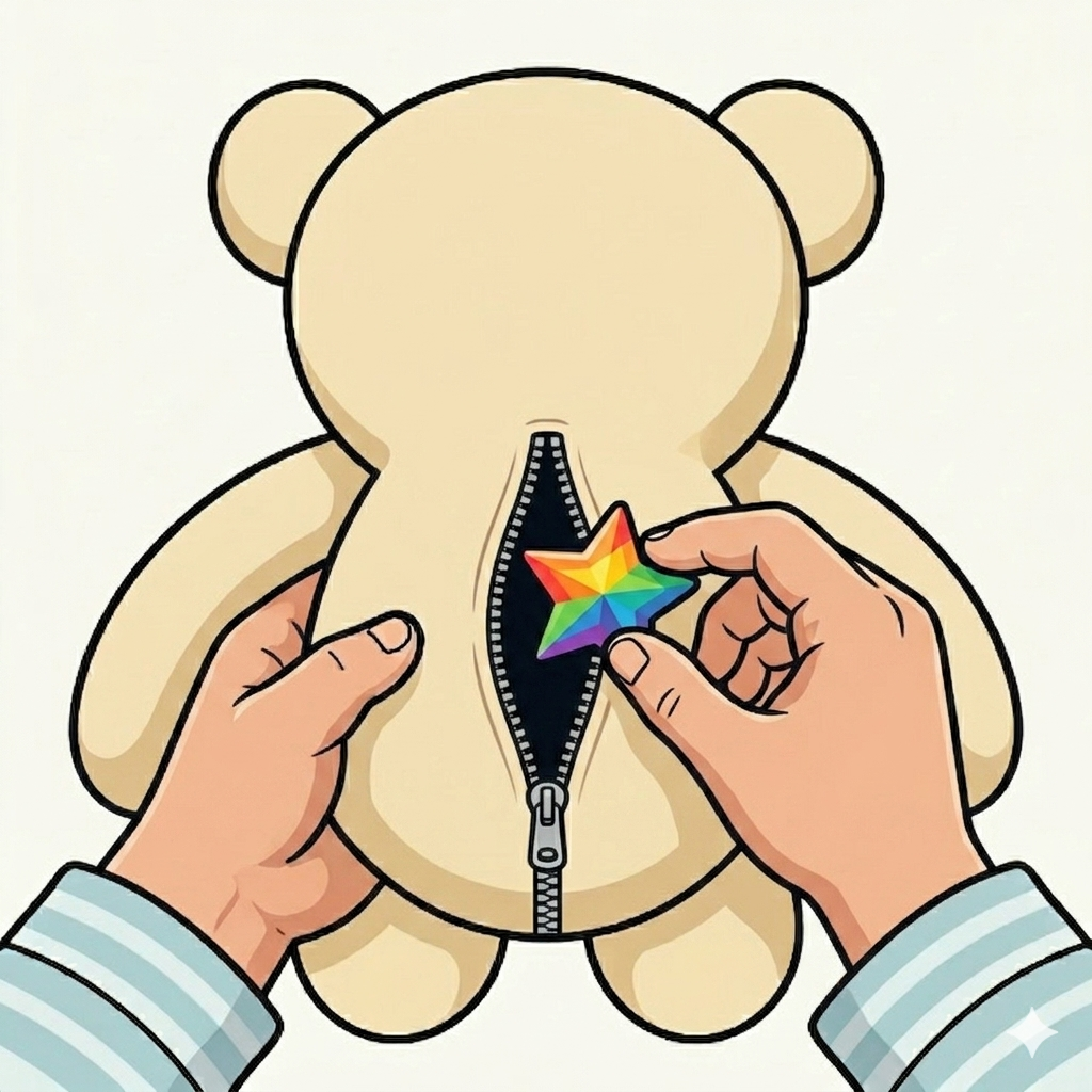 A child placing a wish star inside a stuffed animal
