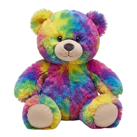 A bright multicolored tie-dye teddy bear plush from Noah's Ark Animal Workshop.