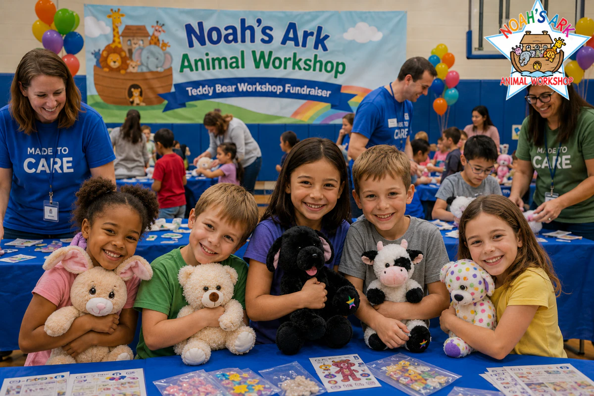 Children proudly holding their new stuffed animals at a busy workshop event