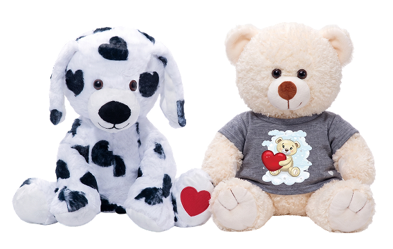 A spotted Dalmatian and cream teddy bear plush with a red heart between them, from Noah's Ark Animal Workshop.